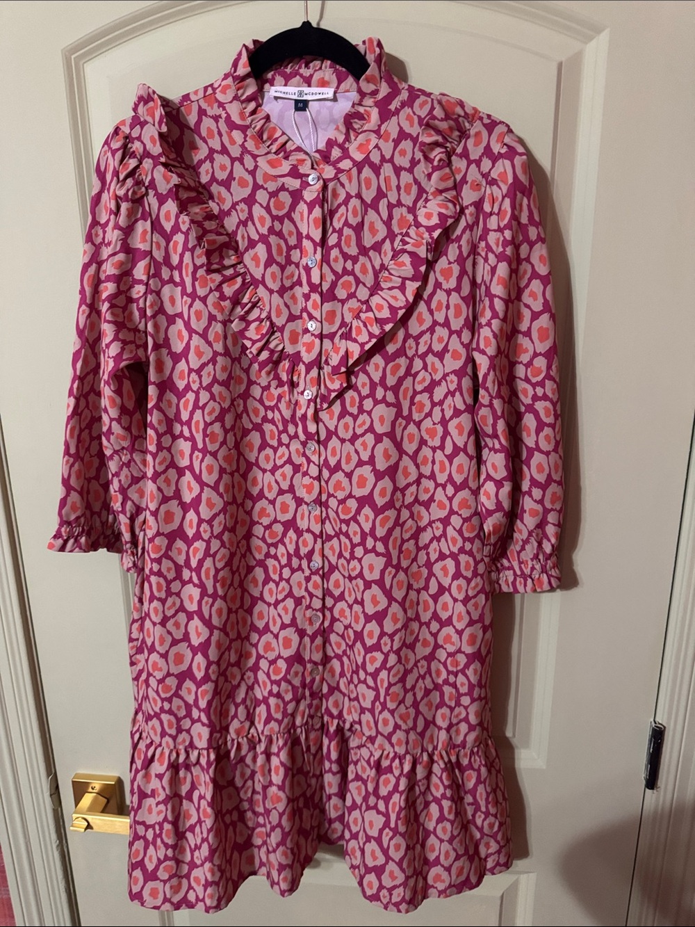 Women's Ruffled Pink Leopard-Print Casual Midi Dress